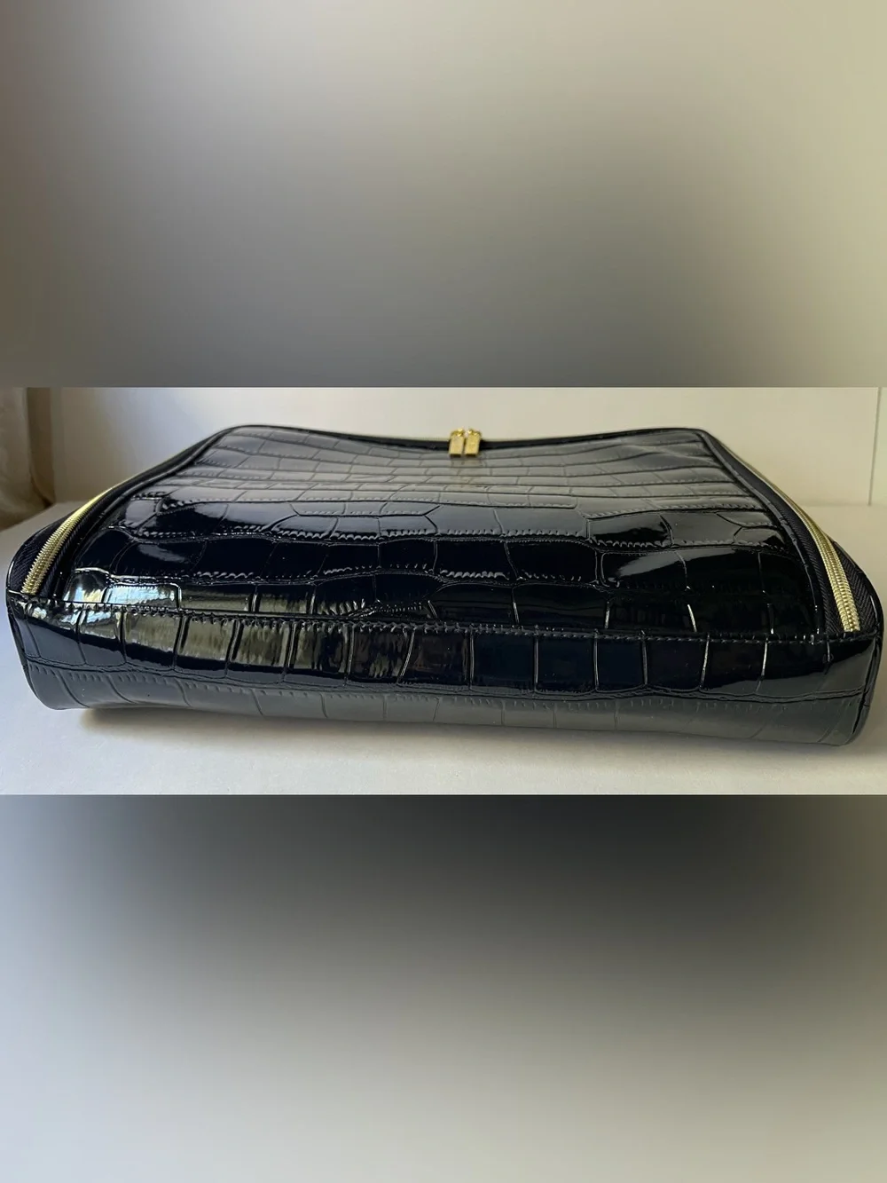 Estee Lauder Navy Patent Croc-Texture Cosmetic Pouch with Gold Zipper Pulls